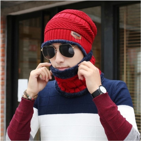 Other - Matching Beanie & Scarf Set Burgundy Red & Blue